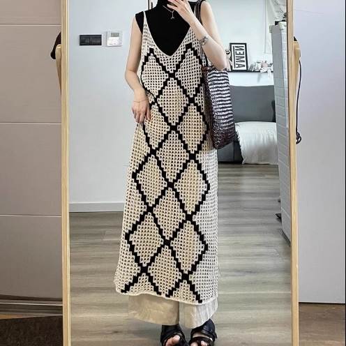 レディース ワンピース プルオーバー ドレス ニットワンピース ニットワンピ メッシュニットワンピース メッシュ ロング ノースリーブ Vネック キャミワンピ フェミニン カットワーク ルーズ ルーズフィット クロシェ 透け感 かわいい 大人可愛い 韓国 オルチャン