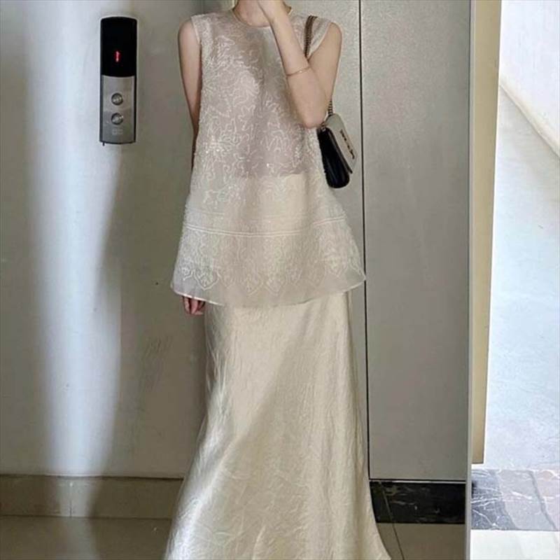 刺繍上下セット スカートセットアップ レディース 2セット ツーピース 上下セット ノースリーブロングトップス ロングスカート 刺繍 総柄 シースルー 透け感 シアー オーバーサイズ かわいい 大人可愛い きれいめ カジュアル おしゃれ かっこいい 韓国 オルチャン
