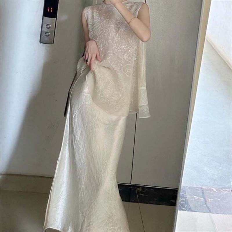 刺繍上下セット スカートセットアップ レディース 2セット ツーピース 上下セット ノースリーブロングトップス ロングスカート 刺繍 総柄 シースルー 透け感 シアー オーバーサイズ かわいい 大人可愛い きれいめ カジュアル おしゃれ かっこいい 韓国 オルチャン