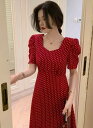 水玉レトロワンピ レディース ワンピース ミモレ タイト スリム 細身 ストレート フェミニン かわいい 大人可愛い きれいめ シンプル カジュアル 上品 おしゃれ レトロ 主役級
