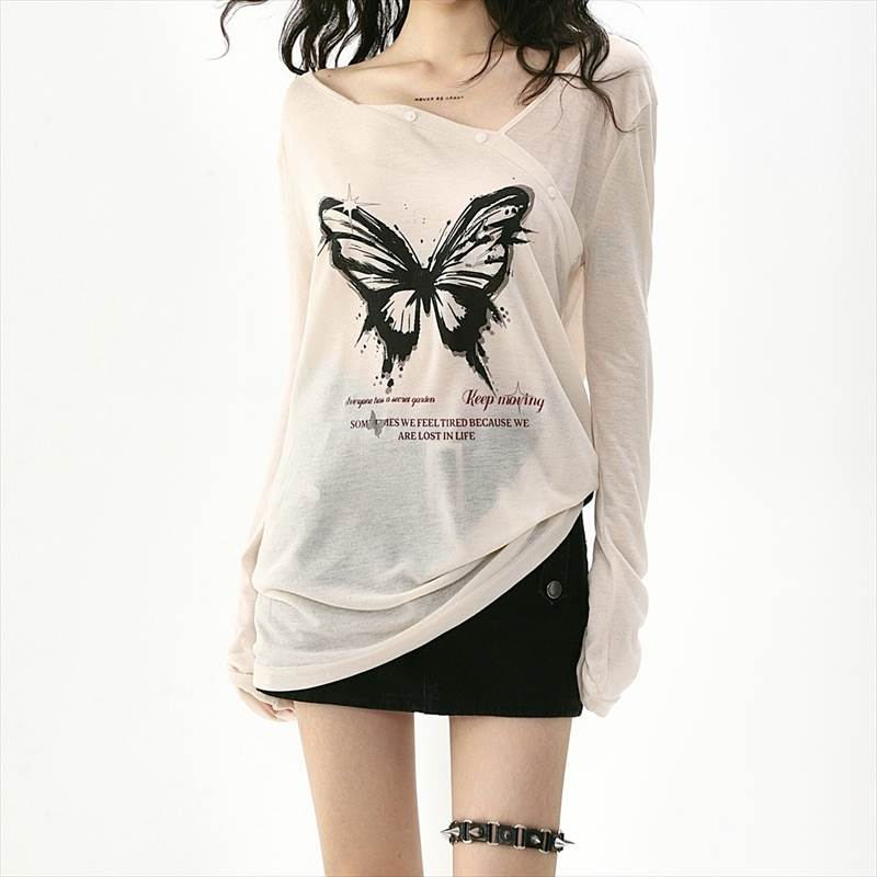 Long-Sleeved - シアープリントシャツ アシンメトリーネックシャツ レディース トップス シャツ Tシャツ プルオーバー 長袖シャツ プリントシャツ シフォンシャツ 長袖 アシンメトリー プリント 透け感 かわいい 大人可愛い きれいめ 送料無料 個性的 トップス シンプル 韓国 オルチャン