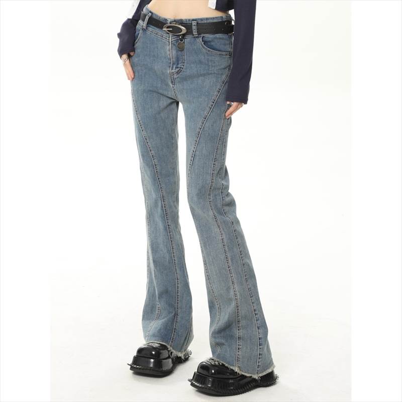 Capri Pants - レディース パンツ ボトムス デニムパンツ ロング タイト スリム 細身 裾ワイド ハイウエスト ボタン アメカジ 大人可愛い きれいめ シンプル カジュアル おしゃれ かっこいい レトロ こなれ感 ラフ クール アメリカン 送料無料 個性的 パンツ アクティブ 韓国 オルチャン
