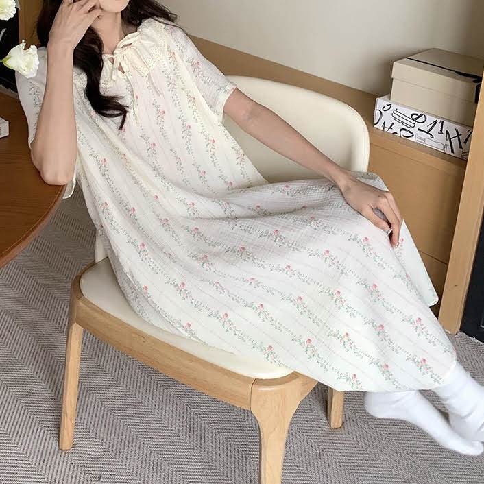 レディース ワンピース ルームウェア パジャマ 寝巻き ネグリジェ ミモレ 半袖 ラウンドネック 襟付き オーバーサイズ フリル リボン かわいい 大人可愛い 可愛い 大人女子 大人 きれいめ シンプル カジュアル おしゃれ お洒落 ラフ ガーリー とろ 韓国 オルチャン