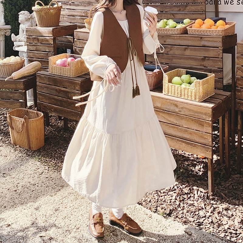 ティアードワンピース＋ベストセットアップ オーバーワンピース＋Vネックベストセットアップ レディース セットアップ 2点セット ツーピース ロングワンピース オーバーワンピース 長袖ワンピース レトロ かわいい 大人可愛い きれいめ シン 韓国 オルチャン