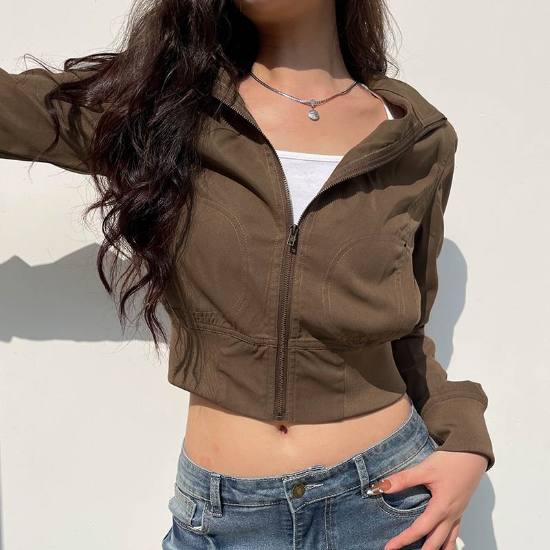 Coat - レディース トップス ブルゾン ジャケット ショート丈 長袖 ハイネック タイト スリム 細身 フェミニン スリムフィット ファスナー ポケット 前開き ギャザー 大人可愛い シンプル カジュアル おしゃれ かっこいい こなれ感 ラフ ガーリー 韓国 オルチャン