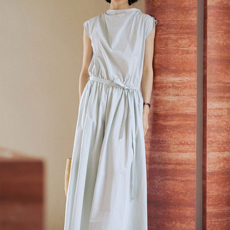 レディース ワンピース ロング マキシ フレンチスリーブ ラウンドネック フレア Aライン オーバーサイズ フェミニン ウエストマーク ウ..