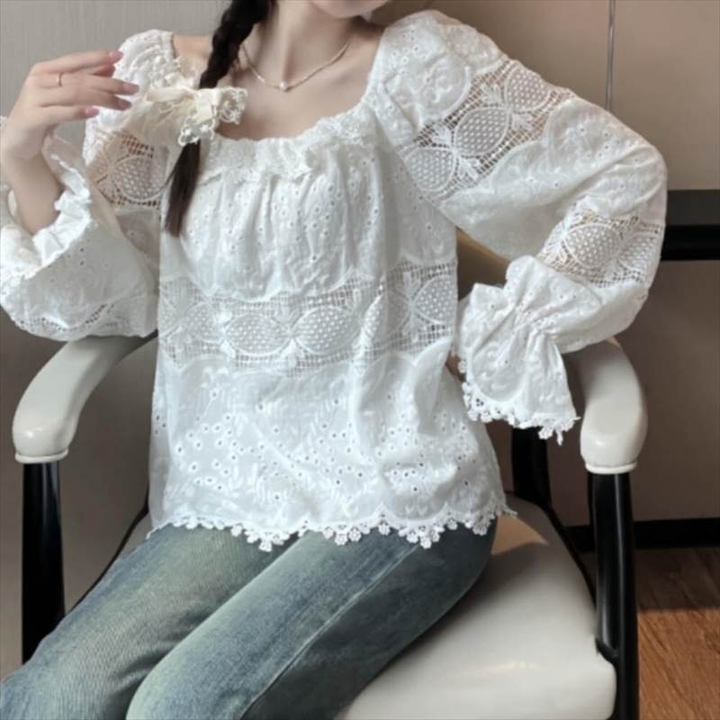 Long-Sleeved - レディース トップス カットソー プルオーバー 長袖 フレアスリーブ ラウンドネック 襟なし レース 刺繍 透け感 薄手 かわいい 大人可愛い きれいめ シンプル カジュアル 上品 おしゃれ かっこいい レトロ こなれ感 個性的 エレガント 主役級 存 韓国 オルチャン