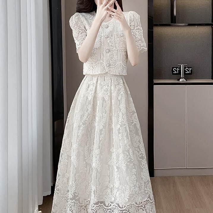 2セット セットアップ レディース スカート トップス カーディガン ロングスカート レーススカート ロング 半袖 ラウンドネック スリム 細身 Aライン レース ポケット ハイウエスト 前開き 透け感 ボタン かわいい 大人可愛い きれいめ シンプル カジュアル 上品