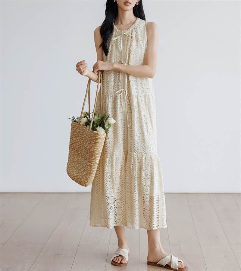 総花柄 レース ノースリーブワンピース レディース ワンピース ティアードワンピース 膝下 ミモレ 袖なし ノースリーブ ラウンドネック 襟なし フレア Aライン 切り替え ドレープ フェミニン リボン ハイウエスト 透け感 シースルー 切り替えデザイン かわいい