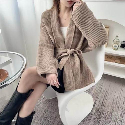 腰ひも付き Vネック ニットカーディガン レディース トップス ニット カーディガン アウター 上着 丈長..