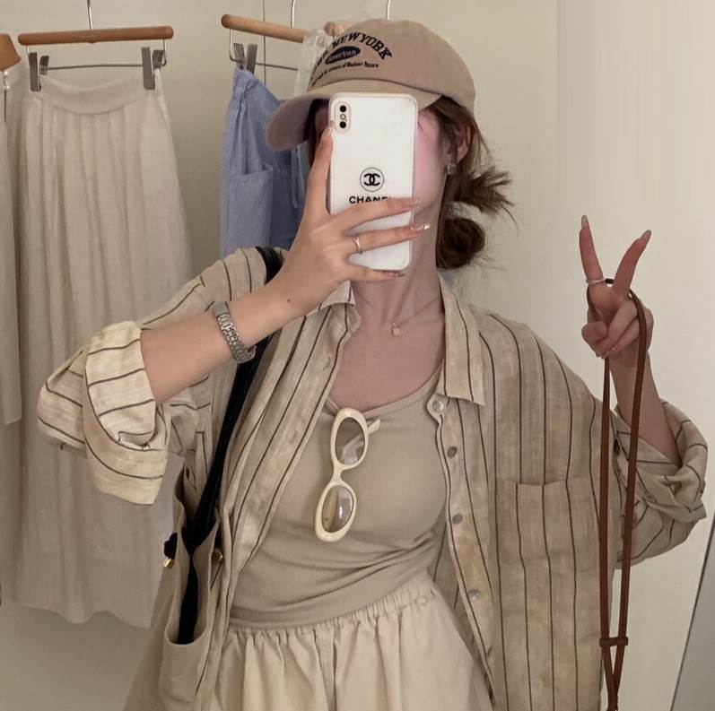 ストライプ柄長袖ルーズシャツレディ...