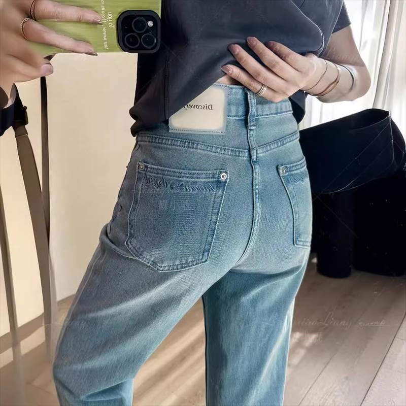 直筒褲 - バックロゴ ストレート デニムパンツ レディース パンツ ボトムス Gパン ストレートパンツ ロングパンツ ロング ストレート ファスナー ポケット ハイウエスト ボタン ジッパー チャック デニム ブルーデニム かわいい 大人可愛い きれいめ シンプル カジュアル
