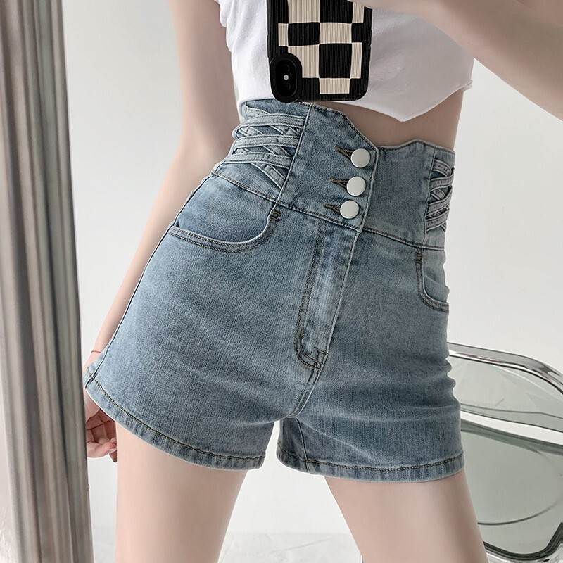 Short Pants - 3ボタン ハイウエスト デニム ショートパンツ レディース パンツ ボトムス Gパン デニムパンツ ショート Aライン ファスナー ポケット レースアップ ボタン ジッパー デニム ブルーデニム カラーデニム かわいい 大人可愛い きれいめ シンプル カジュアル おしゃれ 無地