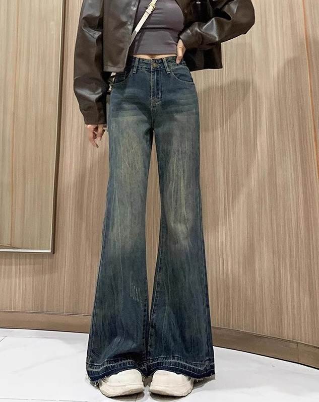 Boot Cut Jeans - ハイウエスト フレア デニムパンツ レディース パンツ ボトムス Gパン ロングパンツ ロング フレア 裾ワイド ブーツカット ファスナー ポケット ハイウエスト ボタン デニム ブルーデニム かわいい 大人可愛い シンプル カジュアル おしゃれ こなれ感 ボーイッシュ 無地