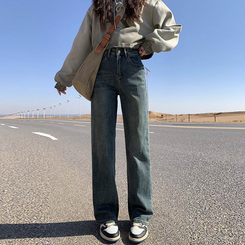 Straight Jeans - ハイウエスト ストレート デニムパンツ レディース パンツ ボトムス Gパン ストレートパンツ ロングパンツ ロング 丈長 ストレート ファスナー ポケット ハイウエスト ボタン ジッパー チャック デニム かわいい 大人可愛い シンプル カジュアル おしゃれ こなれ感