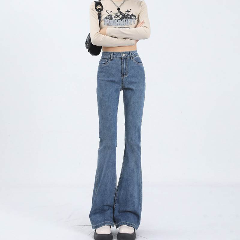 Boot Cut Jeans - ブーツカット ハイウエスト デニムパンツ フレアパンツ レディース パンツ ボトムス Gパン ロングパンツ ロング タイト スリム 細身 裾ワイド ファスナー ポケット デニム ブルーデニム カラーデニム かわいい 大人可愛い シンプル カジュアル おしゃれ こなれ感