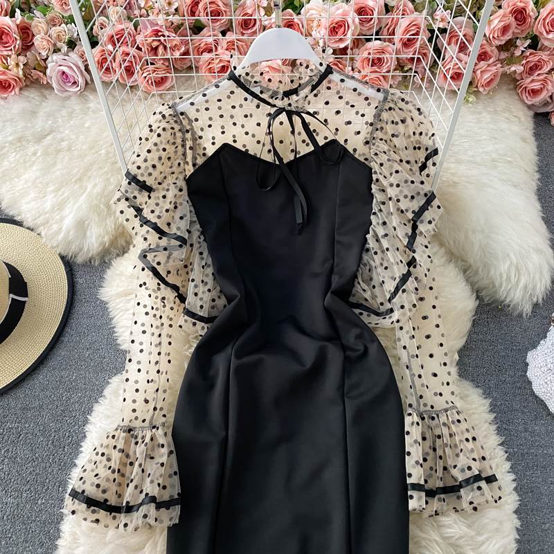 ドレス ミディアム丈 袖あり 長袖 きれいめ シンプル カジュアル 大人 上品 おしゃれ お洒落 かっこいい レトロ 大人女子 こなれ感 モダン 主役級 存在感 抜け感 オールマッチ ハイエンド ニッチ 高級感 シック 水玉 春 ランチ ディナー カフェ コン 韓国 オルチャン