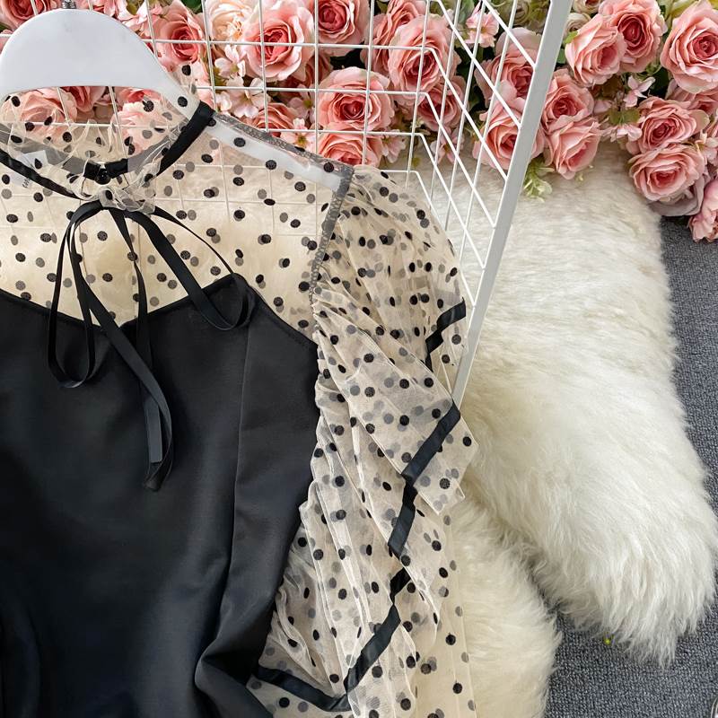 ドレス ミディアム丈 袖あり 長袖 きれいめ シンプル カジュアル 大人 上品 おしゃれ お洒落 かっこいい レトロ 大人女子 こなれ感 モダン 主役級 存在感 抜け感 オールマッチ ハイエンド ニッチ 高級感 シック 水玉 春 ランチ ディナー カフェ コン 韓国 オルチャン