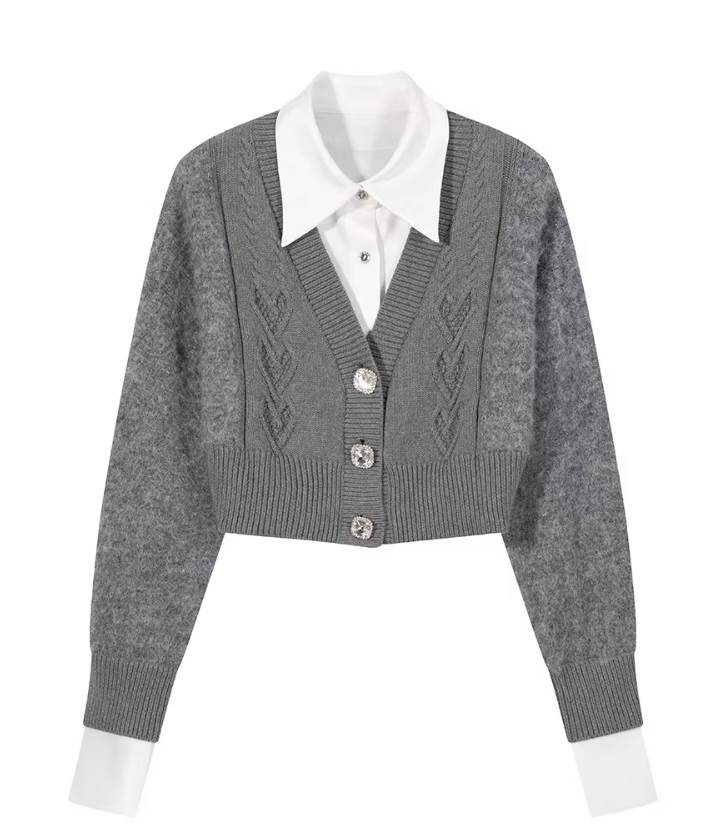 レディース トップス シャツ セーター カーディガン風 ツーピーストップス Yシャツ ショート Vネック 襟付き 角襟 ポロカラー ケープ襟 タイト スリム 細身 ストレート Iライン セーラー風 フェミニン ストリート へそ出し セーラー風 ボタン 韓国 オルチャン