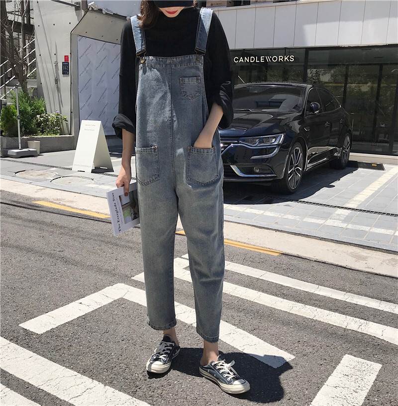 サロペット デニム オーバーオール レディース ボトムス パッチポケット 色落ち加工 ユーズド感 アンクル丈 古着風 ゆったり 体型 カバー こなれ感 シンプル カジュアル アメカジ リラックス おしゃれ 着回し 韓国 普段使いお出かけ 大きいサイズ 2XL 3XL 韓国 オルチャン