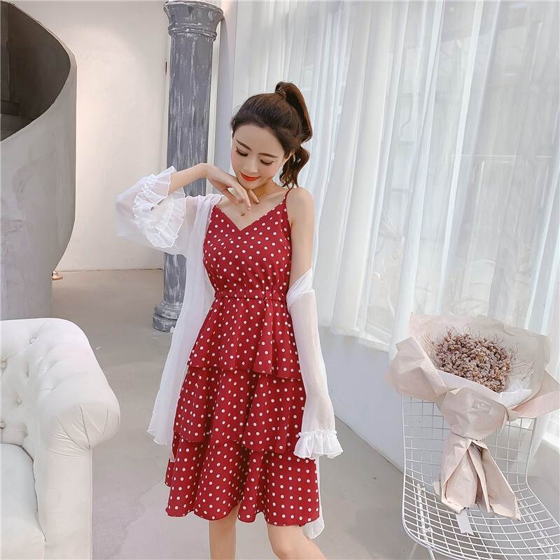 キャミソール ワンピース レディース 人気 通販 セクシー Vネック ドット プリント ミモレ フレア かわいい 大人 春 1代フリル お出かけ 美脚 ミモレ丈 夏 2代 学生 韓国 脚長 キャミ 袖なし 水玉 きれいめ おしゃれ 秋 3代 通学 女子会 黒 白 個性的 韓国 オルチャン 3