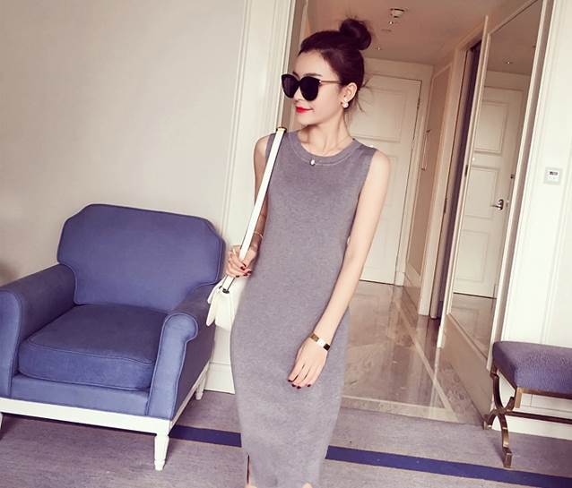 乐天商城 - ワンピース レディース 人気 通販 おすすめ ノースリーブ クルーネック 膝丈 ミディ丈 サイドスリット 無地 タイト スリム 春 夏 かわいい きれいめ シンプル カジュアル コーデ 大人女子 おしゃれ クール エレガント フェミニン 通勤 オフィス 旅行 お 韓国 オルチャン