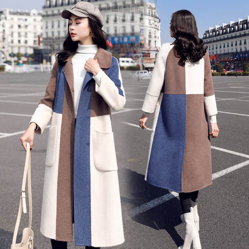 ロング チェスター コート レディース アウター 人気 厚手 ウール ルーズ ゆったり 2XL 3XL 大きい ミディアム ブロック 配色 チェック柄 長袖 襟付き フロントボタン 隠しボタン ポケット 個性的 おしゃれ 大人 かわいい 上品 通勤 通学 お出かけ デート 韓国 オルチャン