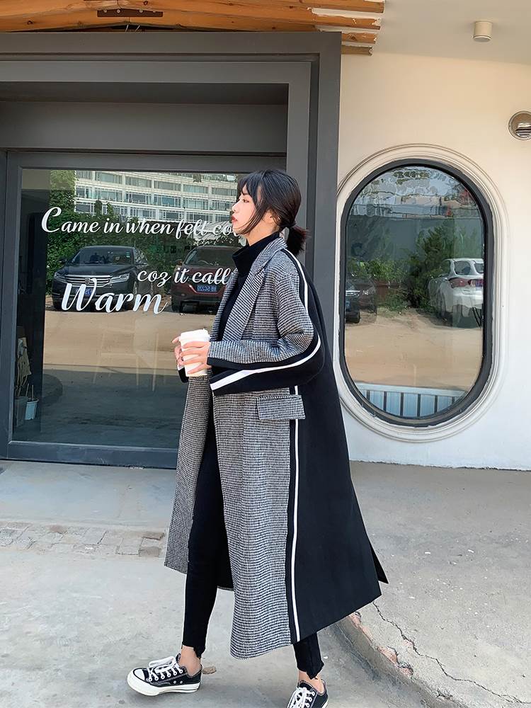 チェスター コート ロング レディース アウター 人気 おすすめ 千鳥格子 個性的 デザイン コントラストカラー ミディアム ルーズ ゆったり 襟付き フロントボタン ポケット マニッシュ 大人 おしゃれ レトロ かわいい 上品 存在感 主役級 通勤 通学 お出 韓国 オルチャン