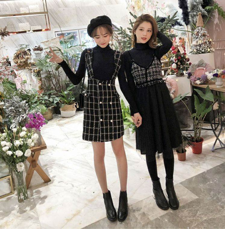 レディース 2点セット 2種類 ハイネック ニット キャミソールワンピ ミディ丈 膝丈 膝下 チェック柄 チュール 透け感 Aライン サスペンダースカート 膝丈 タイト ダブルボタン 膝上 ミニ 秋冬 きれいめ カジュアル シンプル 大人 可愛い 上品 モノトーン 韓国 オルチャン