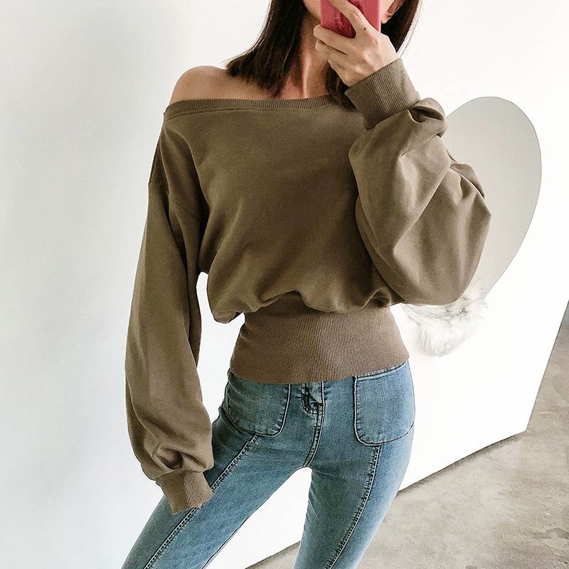 プルオーバー レディース 長袖 白 黒 トップス スウェット トレーナー ショート丈 パフスリーブ 萌え袖 オフショルダー ワンショルダー 背面ジッパー ウエストマーク スリム タイト カジュアル ゆったり ゆる かわいい 細見え 脚長 着痩せ デート お出かけ 韓国 オルチャン