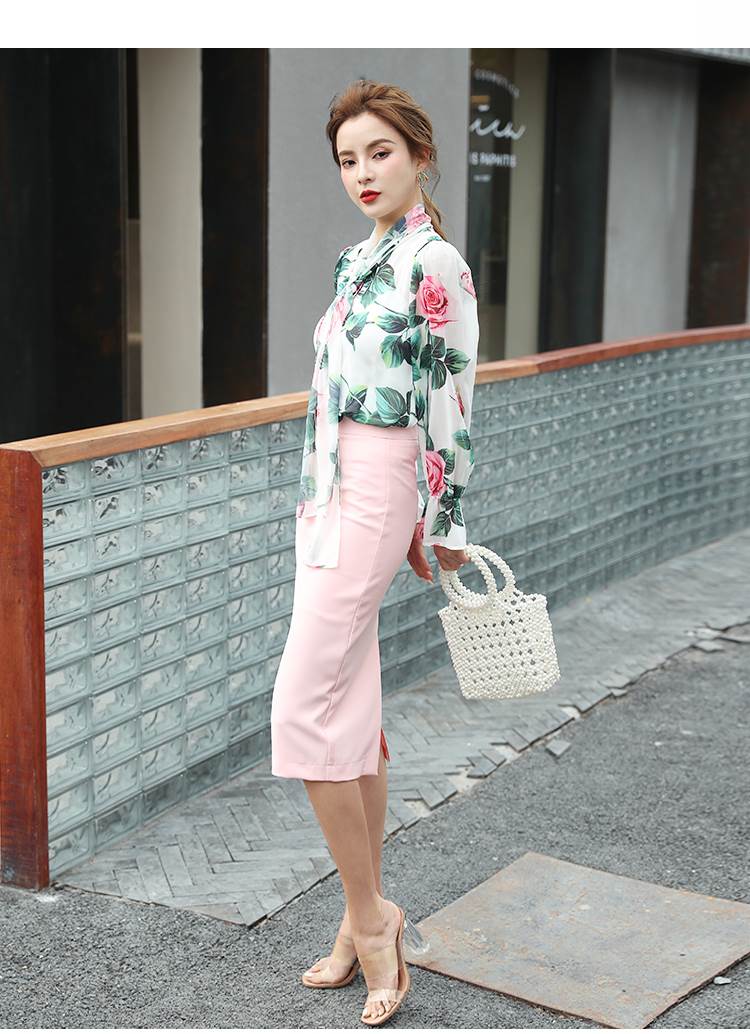 セットアップ 上下 2点セット レディース トップス ブラウス ローズ柄 ボーカラー リボンタイネック 透け感 シアー 長袖 キャンディスリーブ スカート タイト ミディ丈 ミモレ丈 バックスリット ハイウエスト 大人可愛い カジュアル 上品 きれいめ エ 韓国 オルチャン