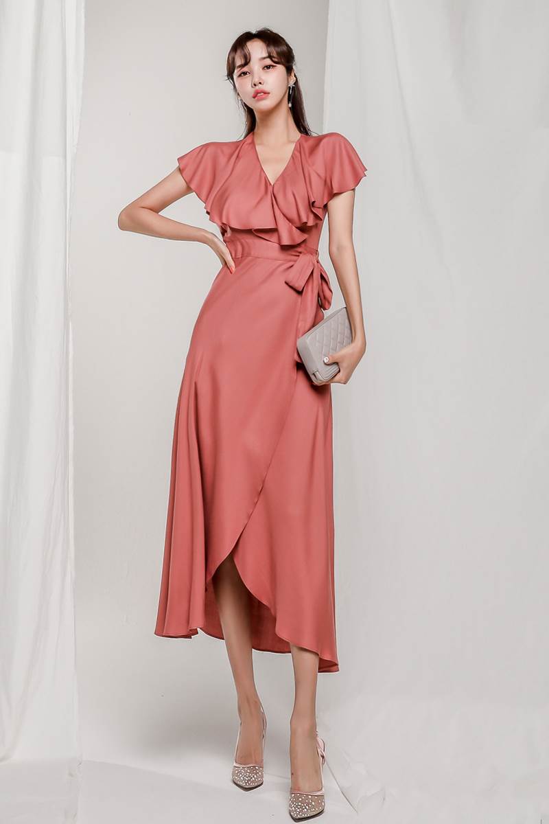カシュクール ワンピース レディース フレア ロング丈 袖あり 半袖 フレンチ袖 Vネック フリル リボン ウエストリボン ハイウエスト 大人 可愛い きれいめ シンプル 上品 お洒落 ラブリー キュート ガーリー 韓国 オルチャン ピンク 春 夏 パーテ 韓国 オルチャン