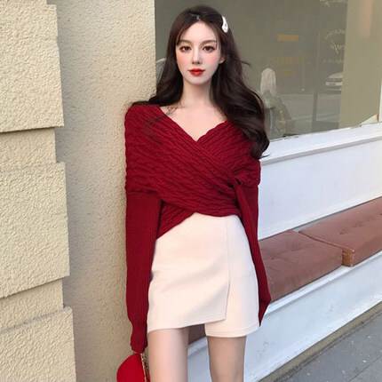 レディース クロス ニット タイトスカート セットアップ 2点セット トップス セーター ミニ丈 ショート丈 長袖 萌袖 Vネック ウール 大人 可愛い きれい...