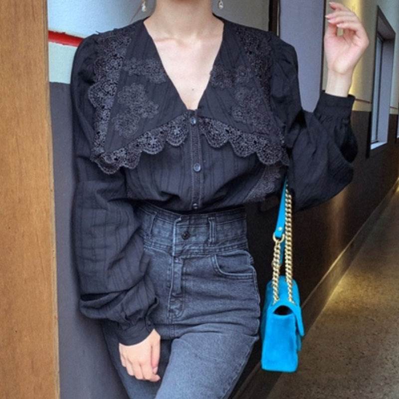 フラワー レース ブラウス トップス ブラウス 白シャツ 長袖 襟付き フレア レース シフォン かわいい 大人 きれいめ シンプル カジュアル 上品 おしゃれ 女子 こなれ感 キュート ガーリー 無地 春 夏 秋 誕生日 入学式 入園式 卒業式 卒園式 謝恩会 1代 韓国 オルチャン