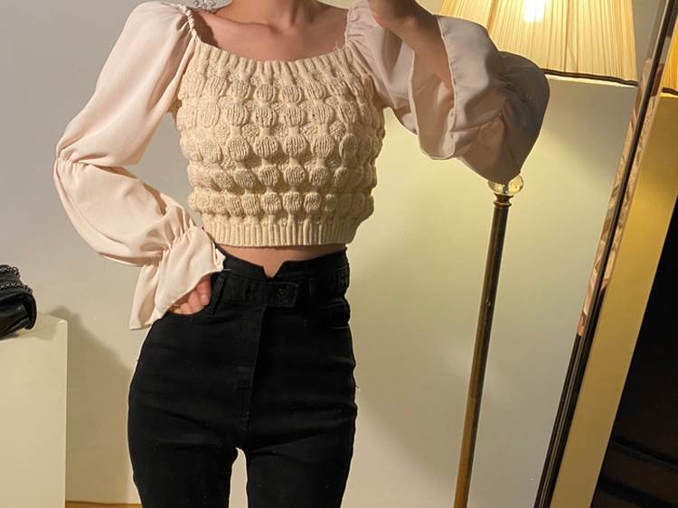Square Neck - シフォン スリーブ セーター セーター 人気 通販 おすすめ 個性的 ミニ丈 ショート丈 袖あり 長袖 パフスリーブ キャンディースリーブ スクエアネック オフショルダー シフォン 大人 可愛い きれいめ シンプル 大人女子 ラブリー キュート ガーリー 通勤 韓国 オルチャン