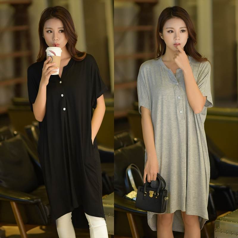乐天商城 - ミニ丈 フィッシュテール ワンピ ワンピース 人気 通販 Tシャツ ミニ丈 ショート 袖あり 半袖 Uネック ストレート 綿 大人 可愛い シンプル おしゃれ ラフ とろみ感 無地 夏 1代 2代 OL 学生 デート 通勤 通学 お出かけ 女子会 休日 普段使い 楽 韓国 オルチャン