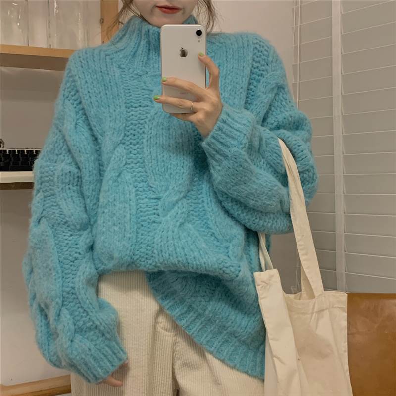 Turtleneck - オーバーサイズハイネックニット トップス セーター 袖なし 長袖 ハイネック もこもこ モコモコ かわいい 大人可愛い シンプル カジュアル おしゃれ お洒落 大人可愛い 大人女子 こなれ感 ラフ 無地 秋 冬 1代 2代 3代 レディース 学生 通学 デート 韓国 オルチャン