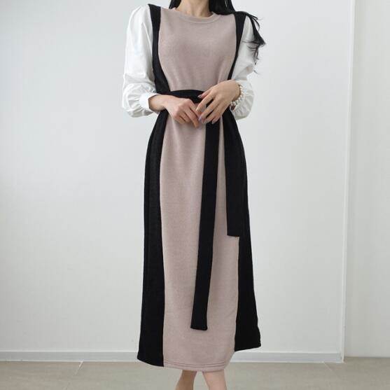 レディース ワンピース 人気 通販 ミモレ丈 シャツ ニット ドッキング デザイン 個性的 長袖 袖あり ラ..