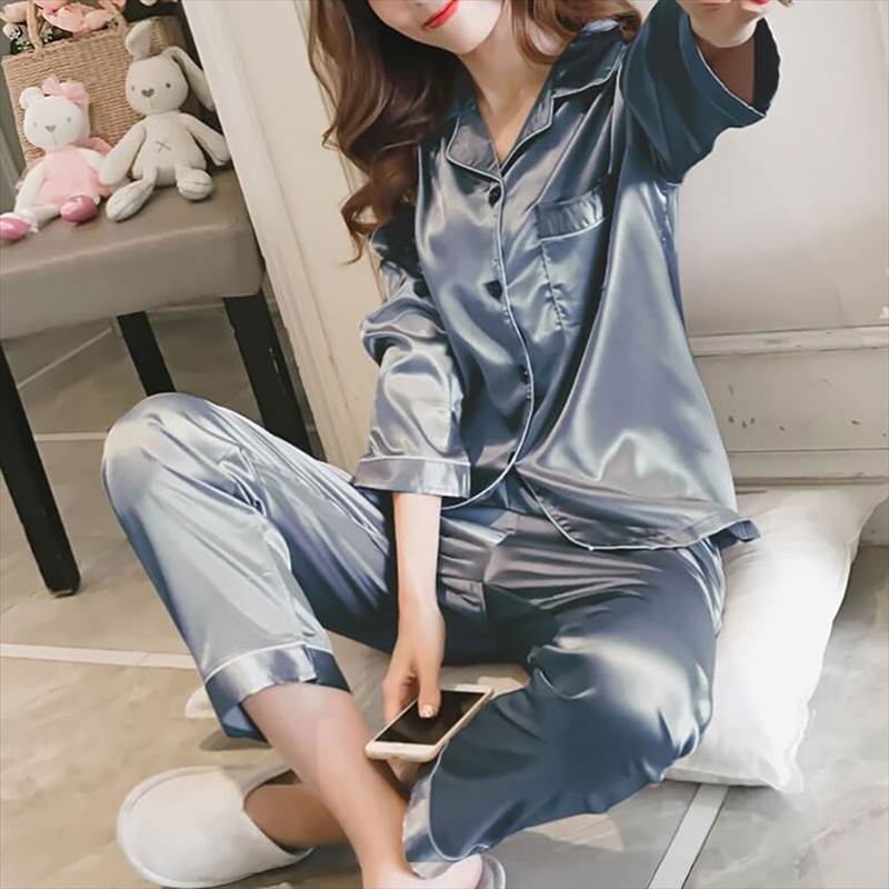 パジャマ ツーピース シルク ルームウェア パジャマ 部屋着 寝巻き ナイトウェア ロング ロング丈 長袖 前開き 上下セット 2点セット かわいい 大人可愛い シンプル カジュアル 大人 上品 おしゃれ お洒落 大人可愛い 大人女子 こなれ感 とろみ 韓国 オルチ 韓国 オルチャン
