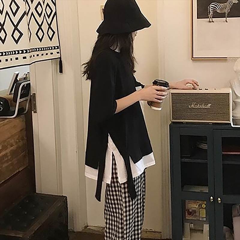 乐天商城 - Tシャツ 半袖 黒 レディース 大きいサイズ XL 2XL レイヤード風 トップス ラウンドネック Aライン サイドスリット 綿 ゆったり きれいめ 可愛い シンプル カジュアル お洒落 合わせやすい おうち時間 休日 デート パーティー イベント 女子会 OL 学生 大学生 ママ 通勤 通学