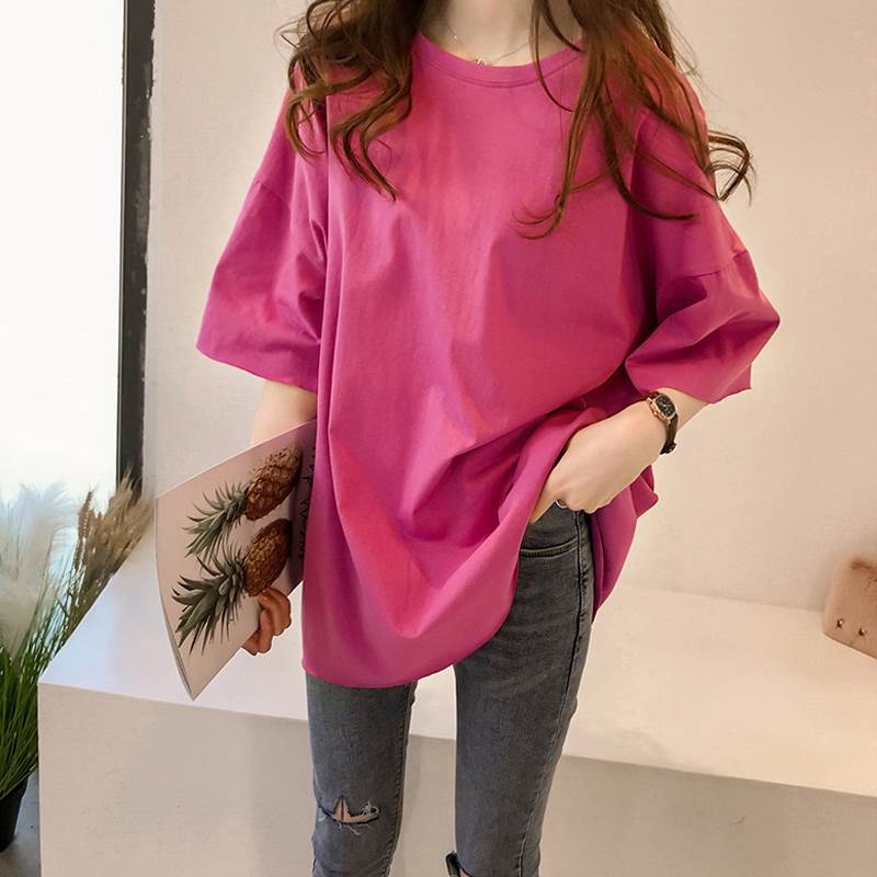 Other - レディース オーバー サイズ tシャツ トップス ロング 袖あり 半袖 ラウンドネック 綿 シンプル カジュアル おしゃれ 大人 可愛い 女子 スポーティー 無地 春 夏 1代 2代 3代 デート お出かけ 女子会 休日 着回し 普段使い 重ね着 韓国 大きい サ 韓国 オルチャン