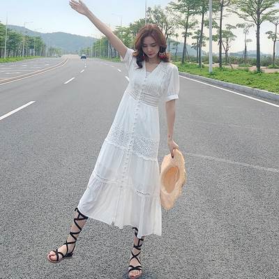 乐天商城 - レディース ワンピース Vネッ人気 通販 ク ロング ミモレ丈 半袖 長袖 ティアード 花柄 刺繍 レース フロントボタン パフ袖 パフスリーブ ハイウエスト Aライン 美シルエット 綿 コットン 切り替え おしゃれ 大人 可愛い ラブリー キュート フェミニン 韓国 オルチャン