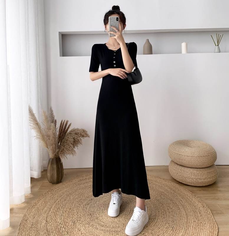 樂天商城 - ワンピース ニット レディース 人気 通販 おすすめ 薄手 薄い 半袖 5分袖 袖あり ロング マキシ丈 フロントボタン Aライン シンプル 無地 ドレープ スリム タイト 細身 ハイウエスト 切り替え ラウンドネック おしゃれ 大人 可愛い 通勤 通学 学生 お出かけ デート 旅行 黒