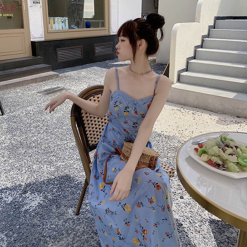 バックオープン ビスチェ風 花柄 キャミソールワンピース レディース フラワー プリント ミモレ丈 ロング 袖なし 背中開き 肌見せ バックコンシャス バックリボン Aライン シンプル カジュアル 大人可愛い キュート セクシー サマードレス お出かけ デート 海 リゾート 青