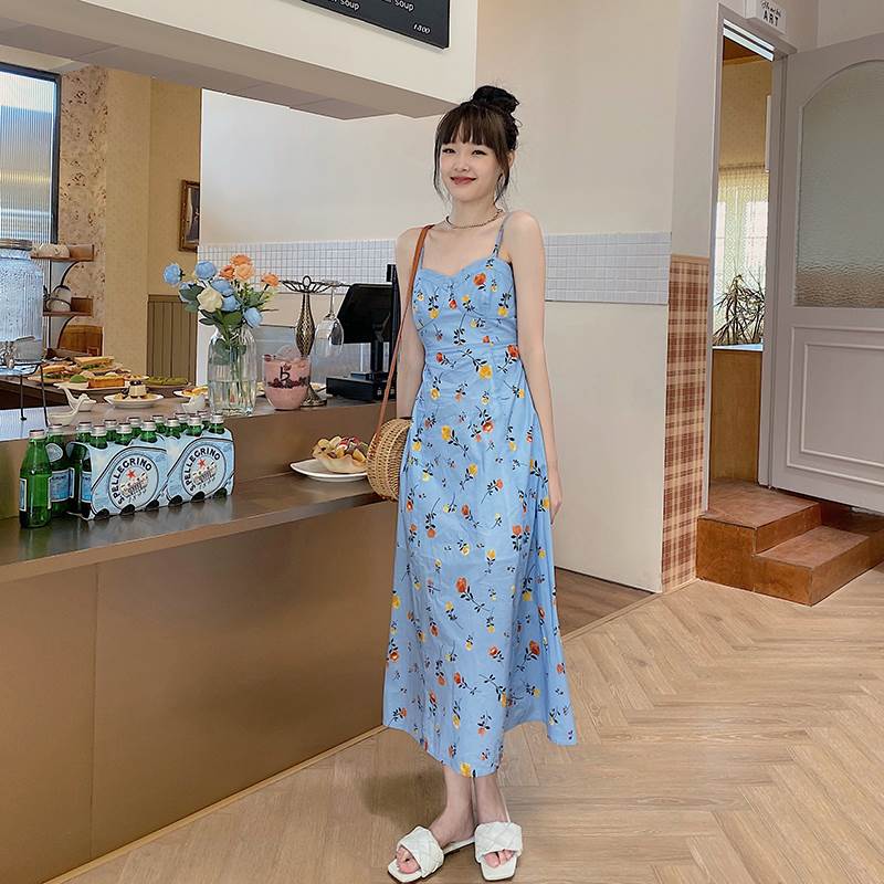 バックオープン ビスチェ風 花柄 キャミソールワンピース レディース フラワー プリント ミモレ丈 ロング 袖なし 背中開き 肌見せ バックコンシャス バックリボン Aライン シンプル カジュアル 大人可愛い キュート セクシー サマードレス お出かけ デート 海 リゾート 青