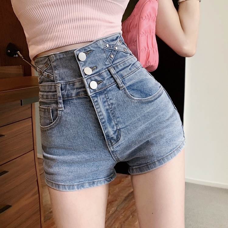 Rakuten - スタッズ付き クロス ハイウエスト デニム ショートパンツ レディース ボトムス ショート丈 ジーパン くびれ見せ 美脚魅せ 脚長 スタイルアップ かわいい シンプル カジュアル セクシー 大人可愛い 韓国 オルチャン 個性的 デザイン おしゃれ