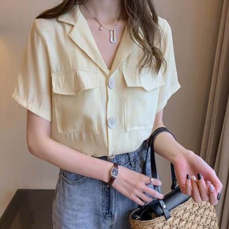 Short Sleeves - シャツ レディース トップス ブラウス 半袖 襟付き 胸ポケット おおきめボタン 前開き 羽織り 大人 女子 大人可愛い カジュアル シンプル きれいめ ゆったり かわいい 白 緑 黄 大きいサイズ 2XL 3XL 4XL 春 夏 通勤 通学 デート お出かけ 公園 ピクニック 普段使い 着回し