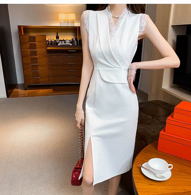 タイト ドレス レディース ワンピース Vネック レース ノースリーブ カシュクール スリット 無地 切り替えデザイン ハイウエスト ウエストマーク かわいい 大人 上品 エレガント おしゃれ 結婚式 披露宴 二次会 パーティー お呼ばれ キャバ ナイトドレス お出かけ 脚長