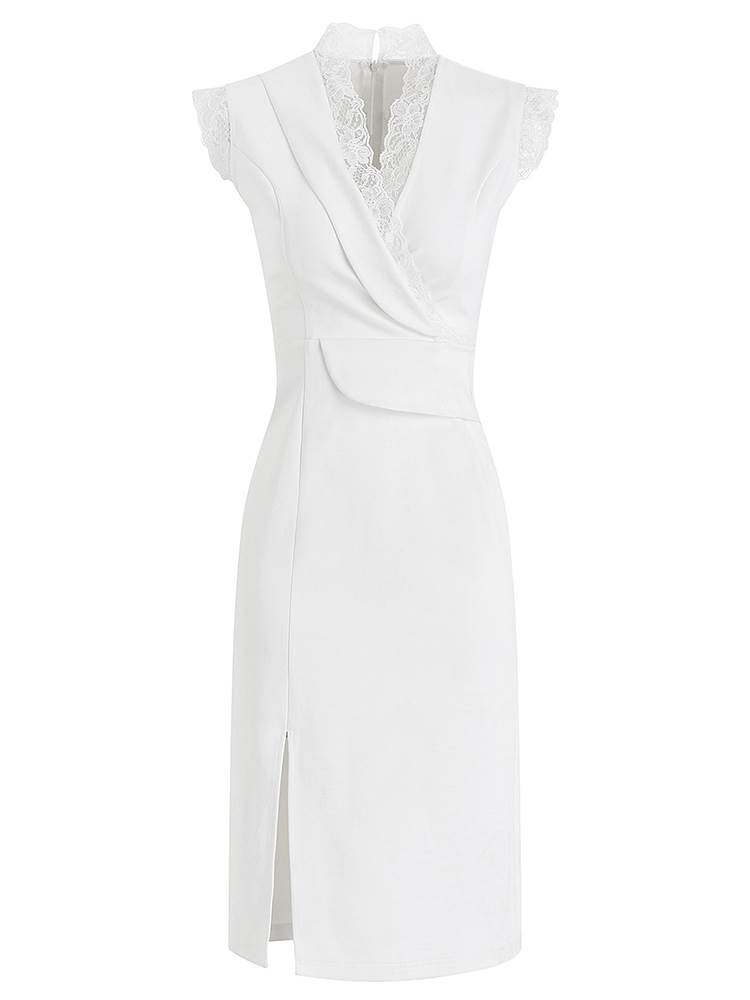 タイト ドレス レディース ワンピース Vネック レース ノースリーブ カシュクール スリット 無地 切り替えデザイン ハイウエスト ウエストマーク かわいい 大人 上品 エレガント おしゃれ 結婚式 披露宴 二次会 パーティー お呼ばれ キャバ ナイトドレス お出かけ 脚長