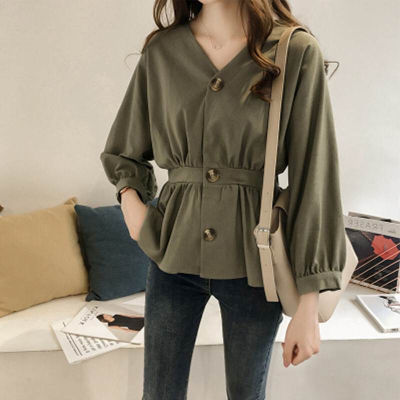 乐天商城 - Vネック ペプラム ブラウス レディース 白 黒 きれいめ 着やせ 韓国 チュニック トップス 長袖 Vネック 前開き ウエストマーク かわいい 大人 シンプル カジュアル おしゃれ キュート ガーリー 無地 春 夏 秋 学生 通学 通勤 デート お出かけ 大きいサイズ XL 2XL 3XL 4XL